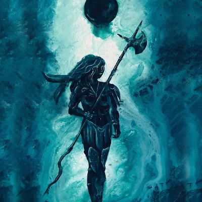 Blue Moon Warrior - Original Canvas Painting - Warrior Woman in Armor with Halberd under Full Surreal Moon 1
